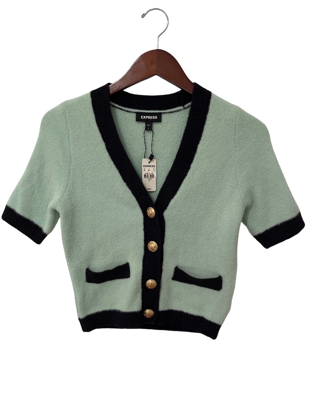 Express Womens Small Mint Green Black Trim Button Cardigan Sweater NWT